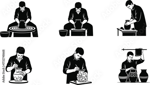 Silhouettes of diverse artisans and potters in various poses, including working on a pottery wheel and decorating a vase, for creativity and hobby themes