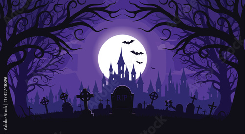 Spooky graveyard Halloween illustration, haunted castle silhouette with bats, twisted trees, RIP tombstones, and full moon vector for gothic horror themes