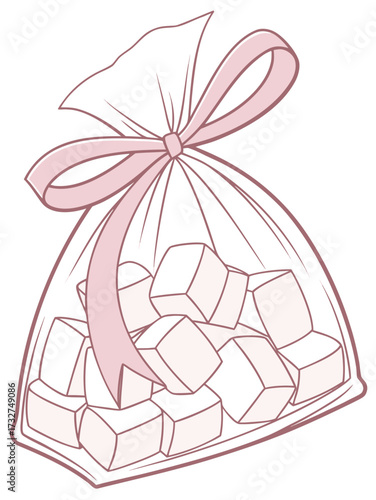 Illustration of a bag of sugar cubes with a pink ribbon, perfect for baking and sweet treat designs