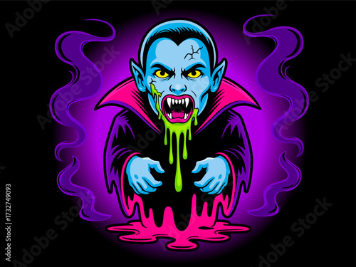 Scary vampire monster dripping neon slime cartoon vector illustration for Halloween design for sticker, t shirt, logo, poster, banner, greeting card, clipart. Halloween cartoon vampire character