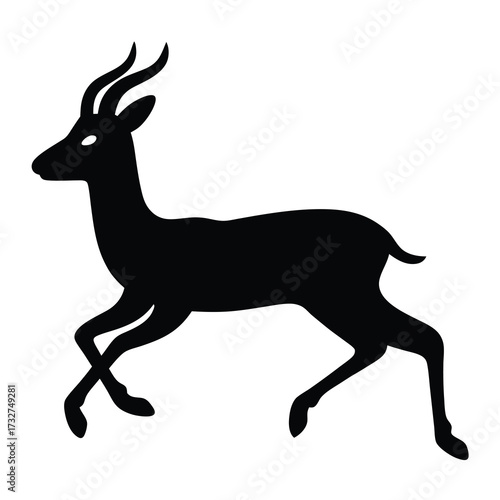 Black silhouette of a running antelope with horns on a white background