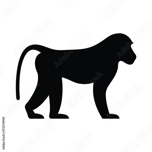 Silhouette of a Powerful Baboon Standing Against a White Background in Vector Format