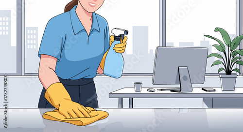 A woman in a blue shirt and yellow gloves cleans a desk with a spray bottle and cloth, suggesting a clean and organized workspace or office environment