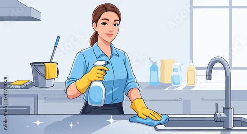 Professional cleaner in yellow gloves meticulously wiping a kitchen counter with a blue cloth and spray bottle, showcasing a clean and tidy home environment