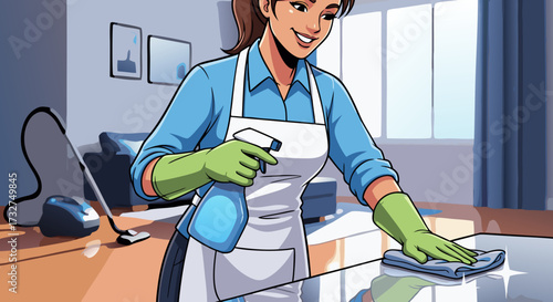 Happy, smiling woman in blue shirt, green apron, and rubber gloves cleaning a glass table with a spray bottle and cloth, with a vacuum cleaner in the background