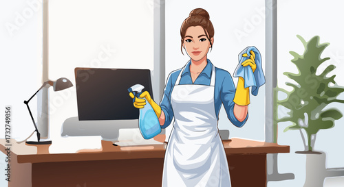 A professional cleaner in an office environment wearing a blue shirt, white apron, and yellow gloves, holding a spray bottle and a microfiber cloth, ready to clean the workspace