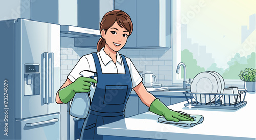 Young woman in uniform cleaning kitchen counter with spray bottle and cloth, a dish rack with plates in background