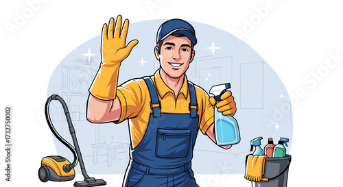 Friendly cleaner waving hello with spray bottle and equipment, ready for household chores and professional services