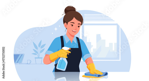 A cheerful woman in yellow gloves sprays a cleaning solution onto a surface and wipes it with a blue cloth, illustrating a thorough home cleaning process