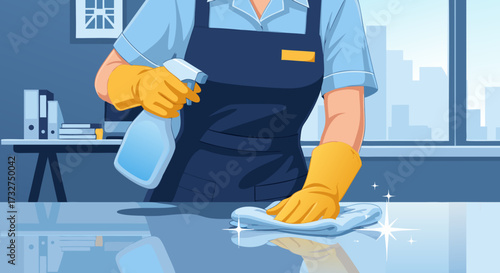 A person in yellow gloves and an apron cleans a shiny surface with a spray bottle and cloth, illustrating professional cleaning services for homes and businesses