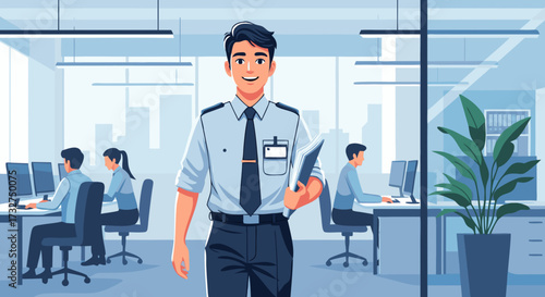 Professional businessman in office setting holding documents and smiling confidently, representing business success and modern workplace environments
