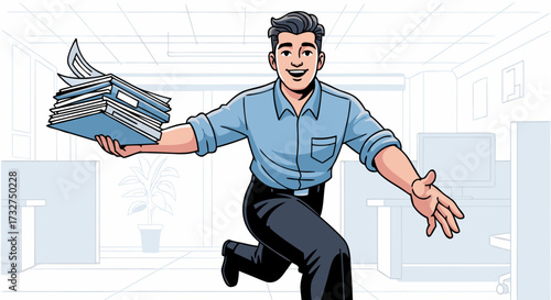 A young businessman happily walks through a modern office space carrying a stack of documents, embodying productivity and career advancement