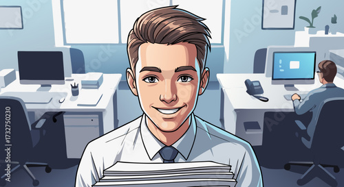 Smiling young professional man in a bright modern office carrying a stack of papers, representing productivity and business success in a corporate environment