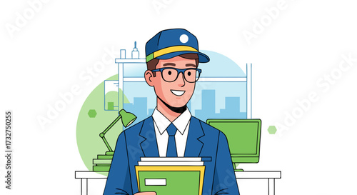 Professional service worker in a blue suit and cap holding documents, ready to assist in an office environment with a computer and lamp