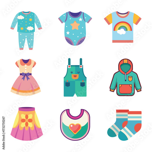 Collection of cute baby and kids clothing icons including pajamas, bodysuit, t-shirt, dress, overalls, hoodie, skirt, bib, and socks in colorful vector style