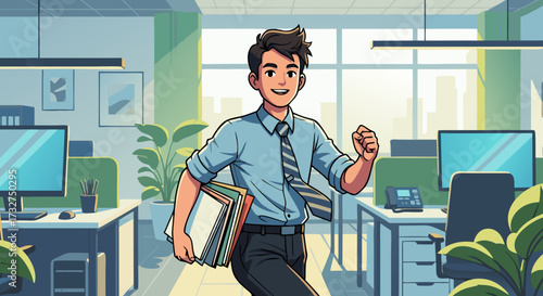 Smiling businessman holding folders and giving a thumbs up in an office setting