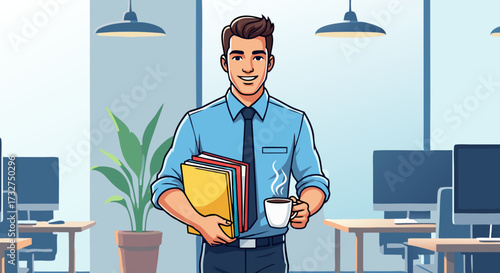 A confident young businessman in a blue shirt, holding files and a coffee cup, standing in a modern office environment with desks and computers in the background, conveying professionalism and success
