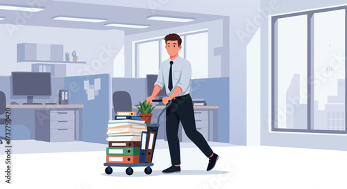 Office worker moving stacks of paper and a plant on a trolley through an empty office space, representing business operations and relocation