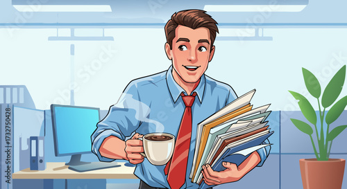 A cheerful, smiling young man in a blue shirt and tie, holding a steaming cup of coffee and a stack of documents, stands in a modern office environment with cubicles and a monitor