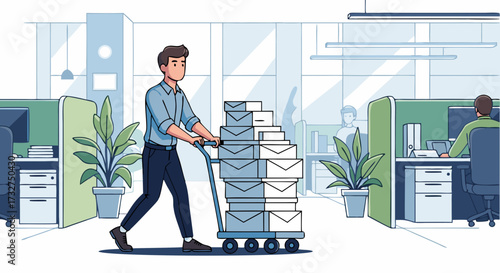 A hardworking office worker diligently pushes a cart full of envelopes through a modern office space, symbolizing postal delivery and administrative tasks with efficiency