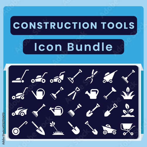 White icons of garden and lawn care tools on a dark blue background with text garden tools lawn mower