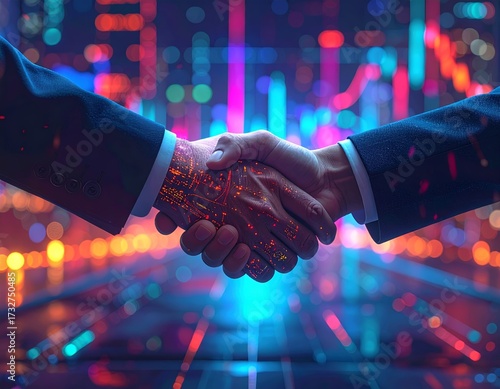Business Handshake in a Futuristic Digital Cityscape.