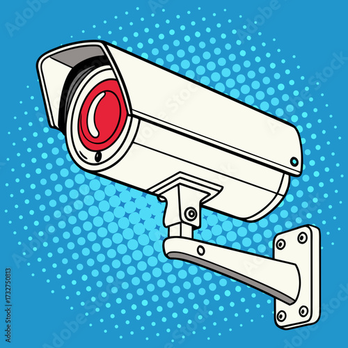 Security camera in pop art style on a blue halftone background providing surveillance and protection against crime and monitoring activities