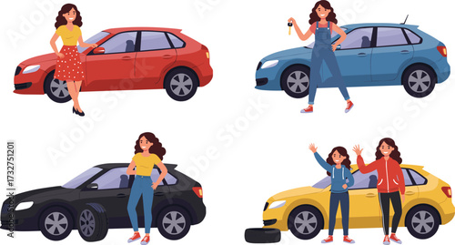 Women with cars in daily activities, car ownership, vehicle keys, flat tire repair, friendship, transportation, automotive lifestyle, modern urban scene