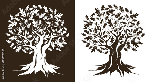 consists of two stylized illustrations of the same tree side by side