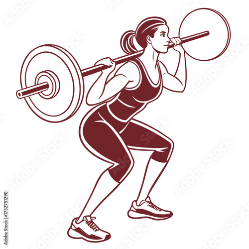 Illustration of a woman performing a barbell squat, showcasing strength training and fitness.