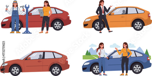 Women with cars in various situations, mechanic repair, car sales, customer consultation, outdoor conversation, transportation, automotive lifestyle, modern vehicle scene