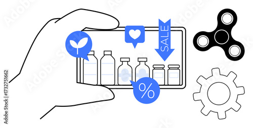 Hand holding a smartphone displaying products with sale tags, sustainability icons, and discounts. Fidget spinner and gear elements suggest innovation, productivity. Ideal for e-commerce, business