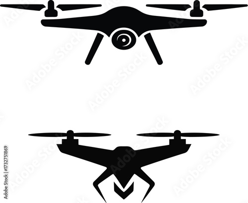 Two silhouetted drones from top and bottom perspectives isolated on