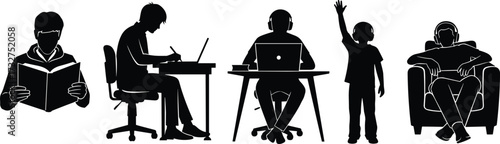Silhouettes of diverse people in various academic and leisure poses, including reading, studying with a laptop, and raising a hand, a vector illustration for education and lifestyle design
