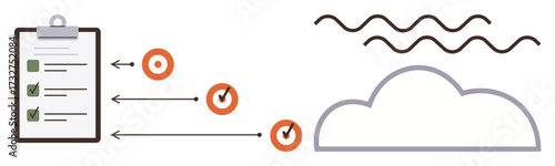 Clipboard with checklist, arrows linking progress icons to cloud, wavy lines. Ideal for productivity, task planning, workflow, goal-setting, cloud technology, project management simple flat metaphor