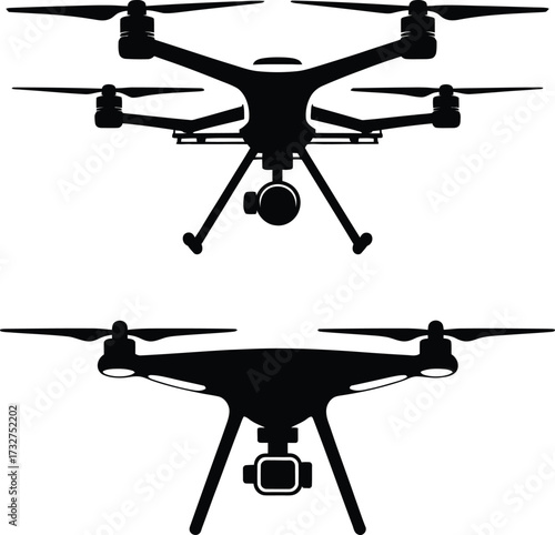 Two silhouetted drones with cameras for aerial photography and videography