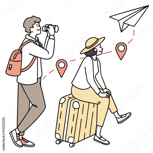 A man looks through binoculars while a woman sits on a suitcase, dreaming of travel, with a paper airplane flying overhead.
