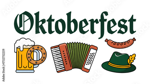 Oktoberfest celebration icons set with beer, pretzel, and accordion

