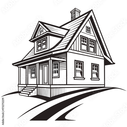 Charming twostory house with a porch and chimney in a black and white vector illustration for real estate or architectural design needs