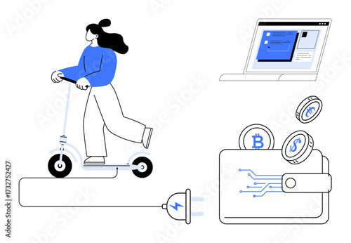Woman on electric scooter connected to a charging plug, laptop with cryptocurrency interface, wallet holding crypto coins. Ideal for technology, eco-transport, fintech, blockchain, crypto trading