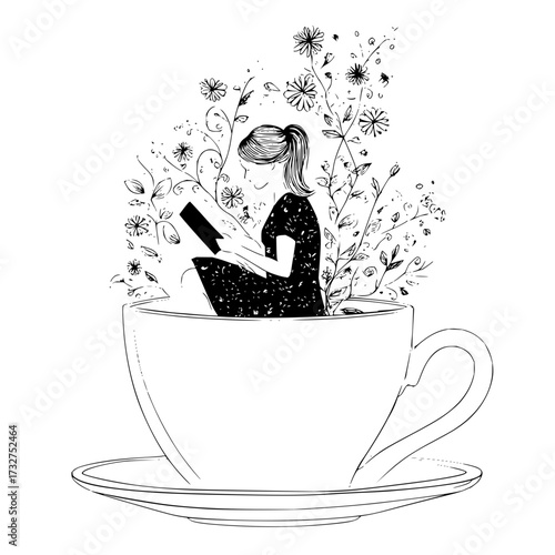 A woman reading a book inside a teacup surrounded by flowers and leaves in black and white illustration