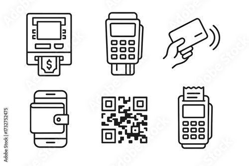 Digital payment icons set: atm, card reader, contactless, mobile wallet, qr code