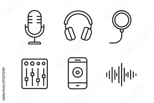 Minimalist audio equipment icons featuring microphone, headphones, mixer, smartphone, and sound waves