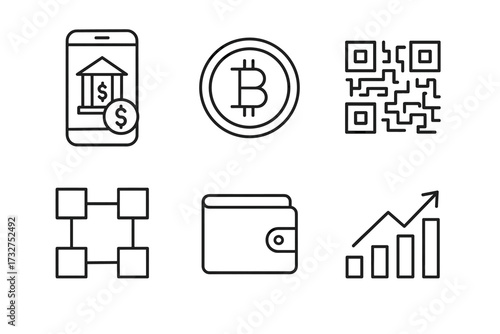 Cryptocurrency and banking icons: blockchain, bitcoin, wallet, qr code, growth chart