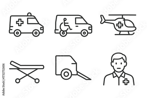 Medical emergency icons including ambulance, helicopter, stretcher, and male paramedic