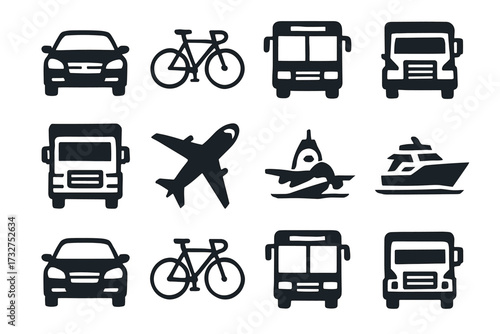 Black silhouette icons of various transportation modes including cars, bus, truck, bicycle, plane, boat