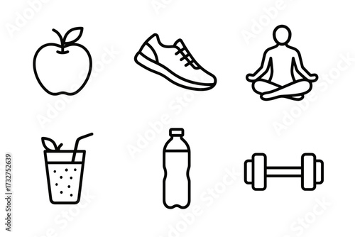Healthy lifestyle icons: apple, sneaker, yoga, juice, water bottle, dumbbell