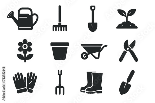 Essential gardening tools icons: watering can, rake, shovel, soil, plant, gloves