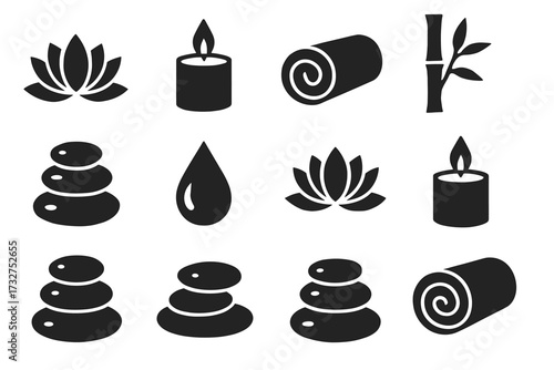 Lotus flower, candle, and stone icons for spa and relaxation themes