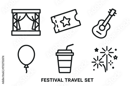 Festival travel icons set: stage, ticket, guitar, balloon, drink, fireworks